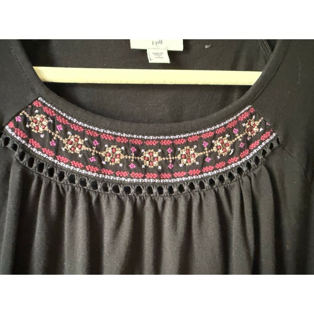 J.Jill Embroidered Peasant Top Black Cross Stitch Embroidered Boho L Petite